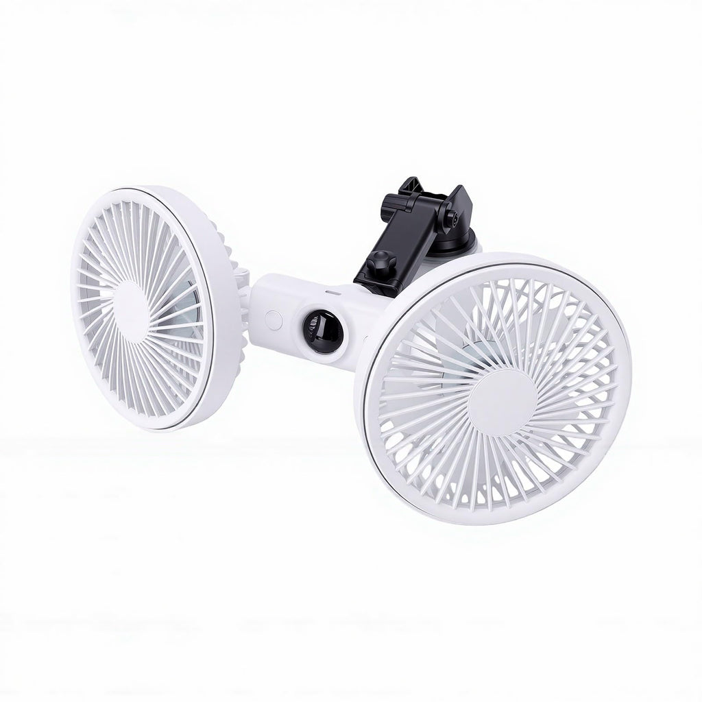 Dual Head Car Fan 3 Speeds 360 Degree Adjustable Suction Cup Rechargeable White J159