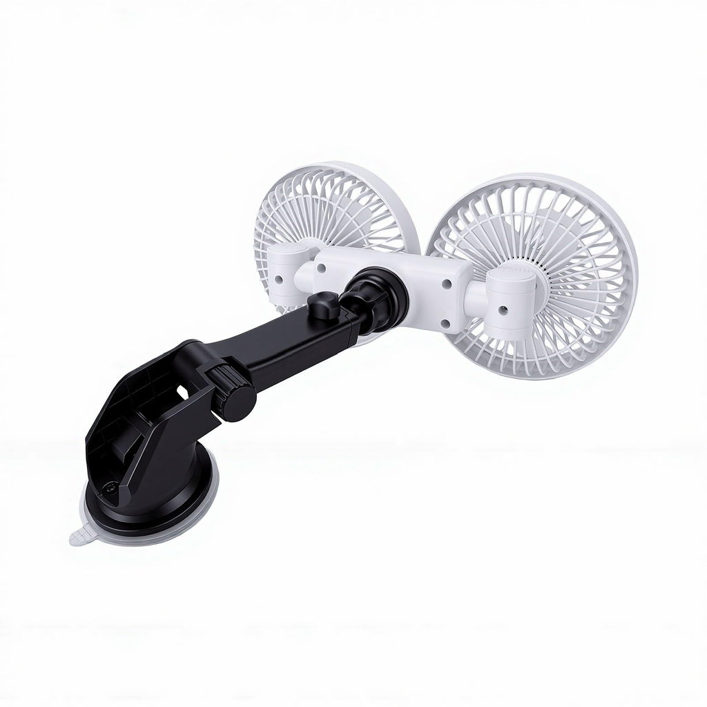 Dual Head Car Fan 3 Speeds 360 Degree Adjustable Suction Cup Rechargeable White J159