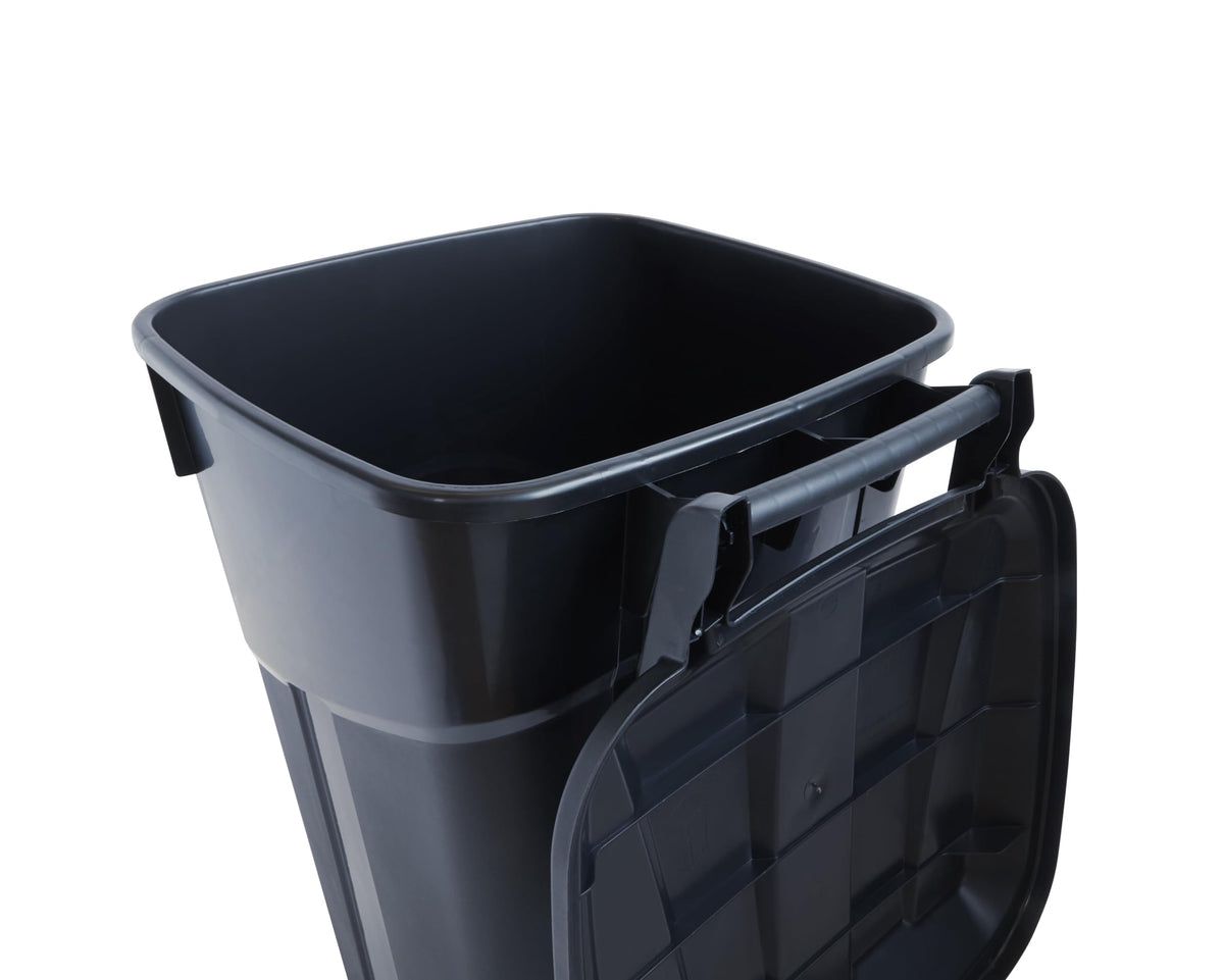 32 Gallon Black Plastic Garbage Can with Attached Lid M726