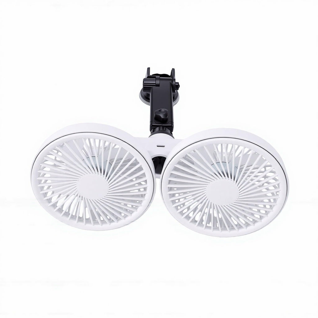 Dual Head Car Fan 3 Speeds 360 Degree Adjustable Suction Cup Rechargeable White J159