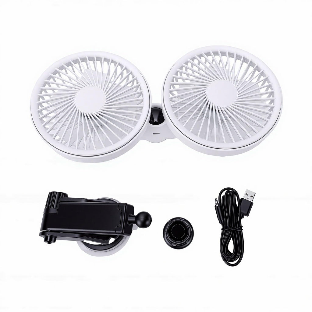 Dual Head Car Fan 3 Speeds 360 Degree Adjustable Suction Cup Rechargeable White J159