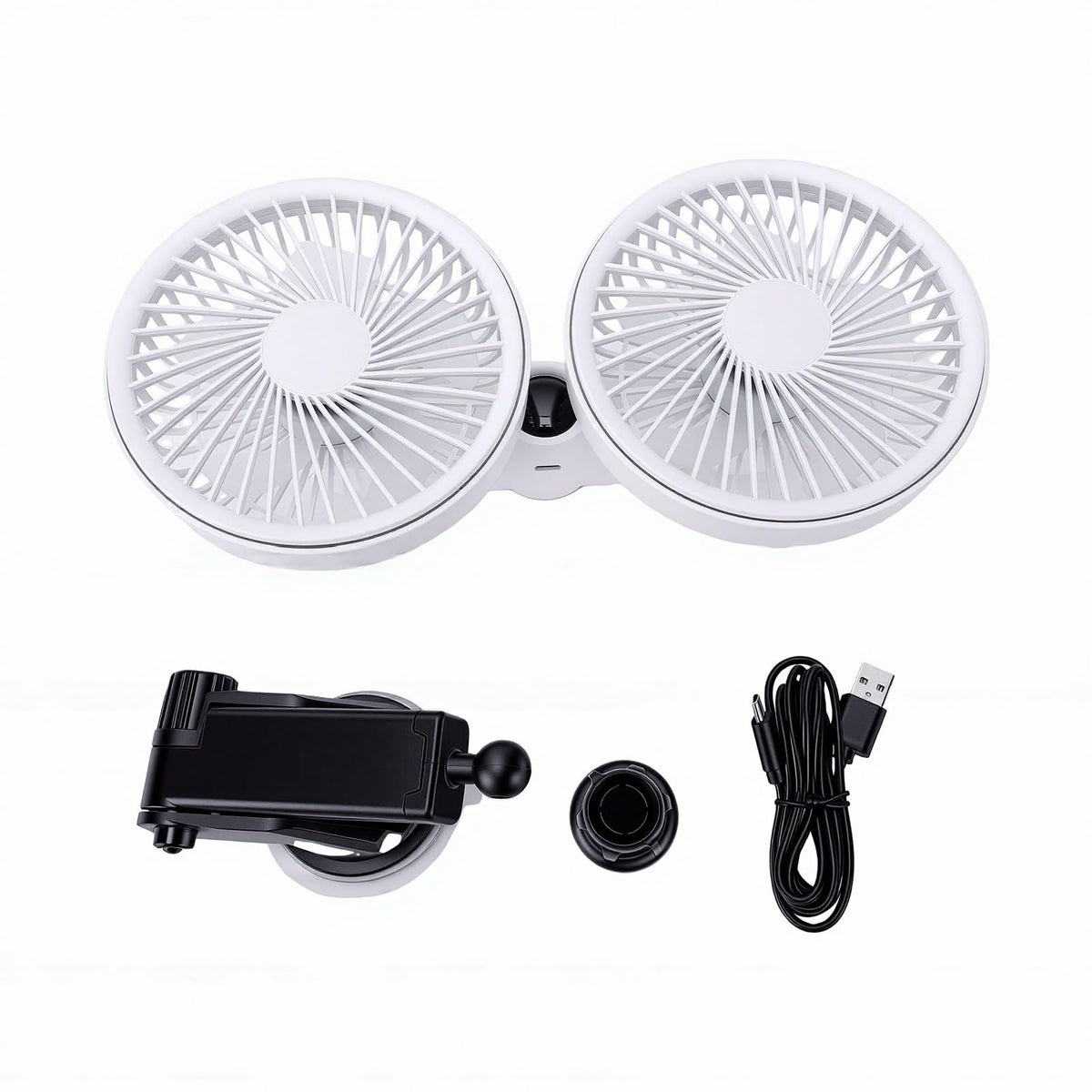 Dual Head Car Fan 3 Speeds 360 Degree Adjustable Suction Cup Rechargeable White J159