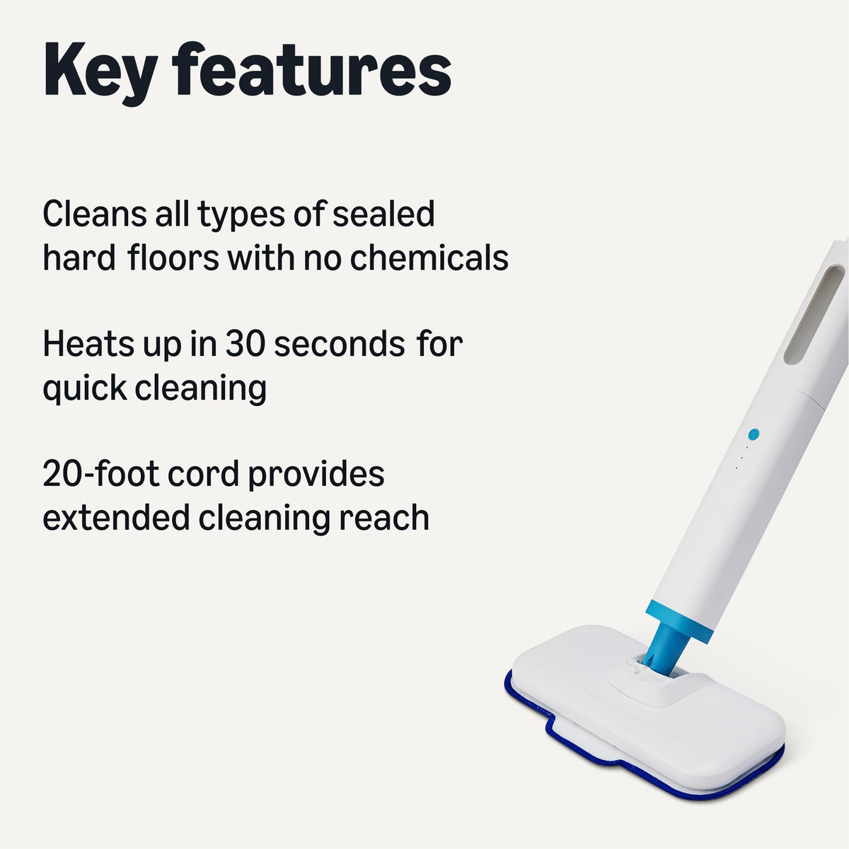 Steam Mop for Sealed Hard Floors, 3 Washable Pads, 20-Foot Cord, White F57234