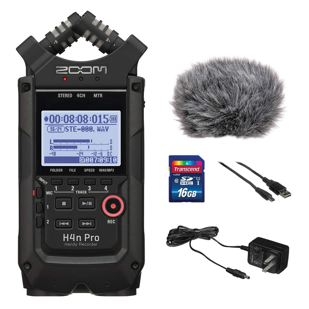 All Black 4-Track Portable Recorder with AC Adapter, Windbuster, 16GB Memory Card & USB Cable X208