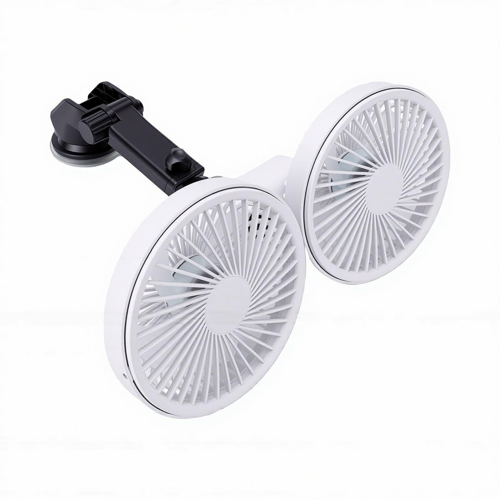 Dual Head Car Fan 3 Speeds 360 Degree Adjustable Suction Cup Rechargeable White J159