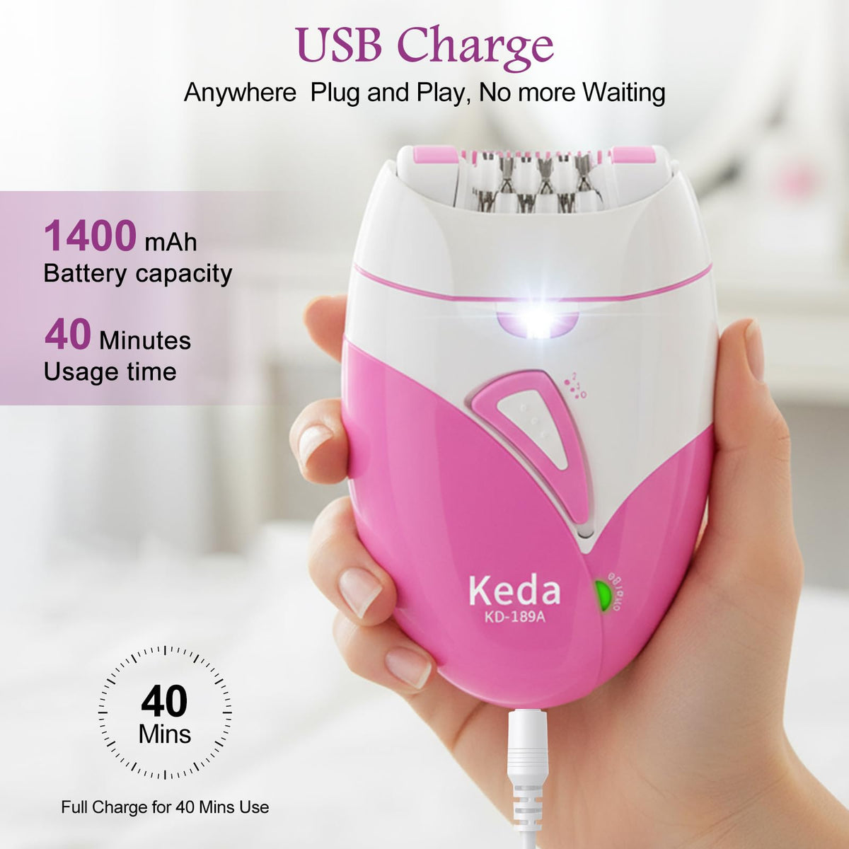 Rechargeable Cordless Electric Epilator with 2 Speed & LED Light W467541