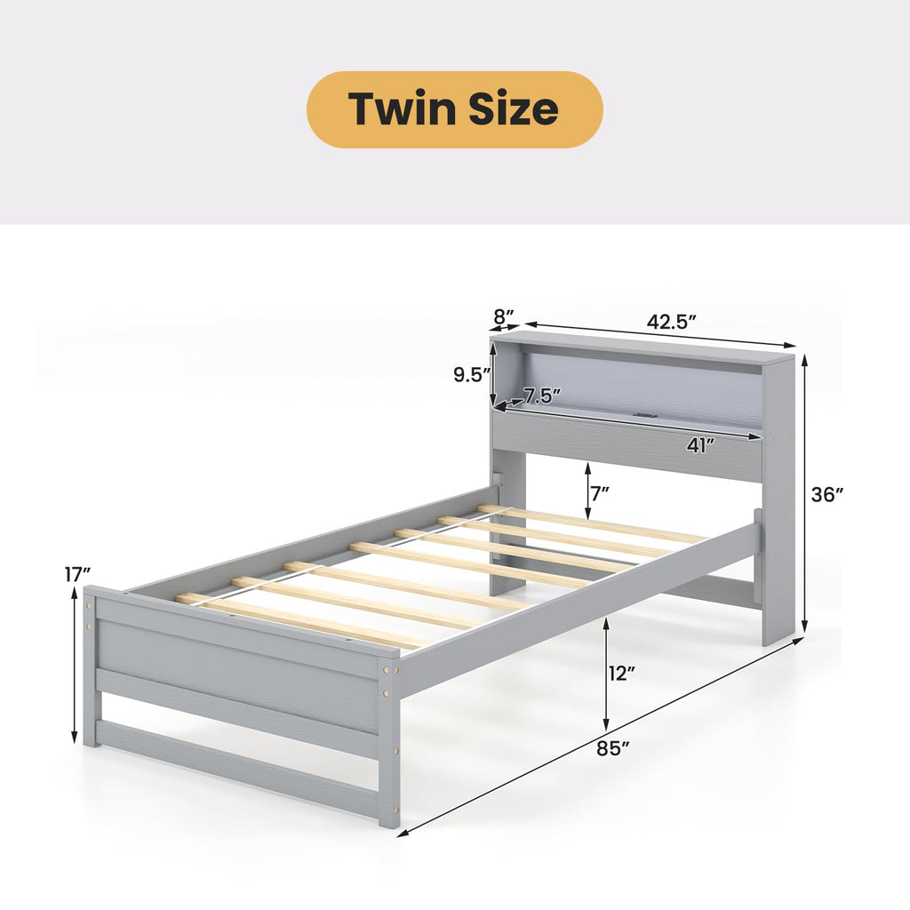 Twin Wood Platform Bed with Storage Headboard and Charging Station X10707