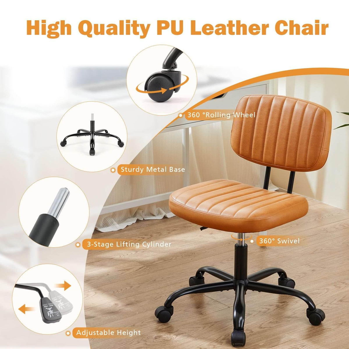 Orange Adjustable Height Swivel Rolling Office Chair Y593
