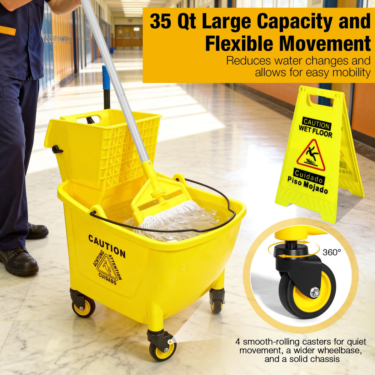 Yellow 35Qt Mop Bucket with Side Press Wringer on Wheels Z5859