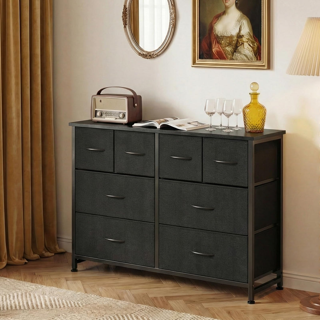 Black 8 Fabric Drawer Dresser with Wood Top D27096