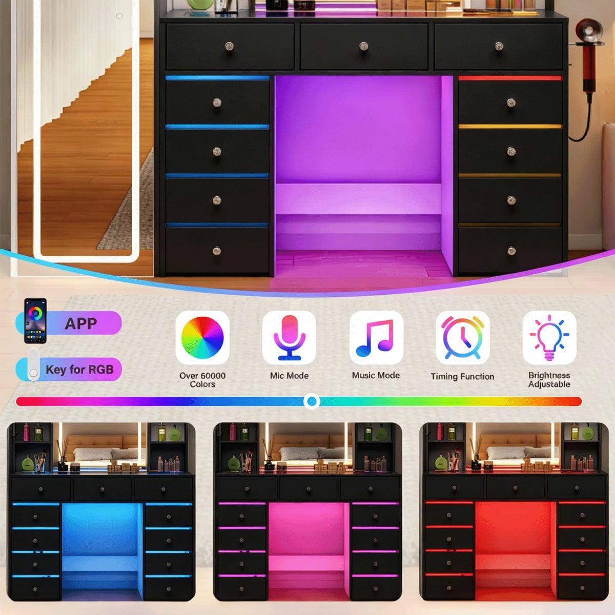 Full Length Mirror Vanity Desk with LED Mirror and 11 Drawers I4078