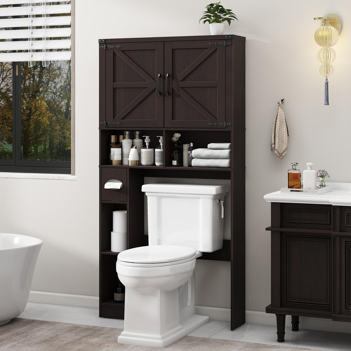 Over The Toilet Storage Cabinet with 2 Barn Doors, Walnut Z3299