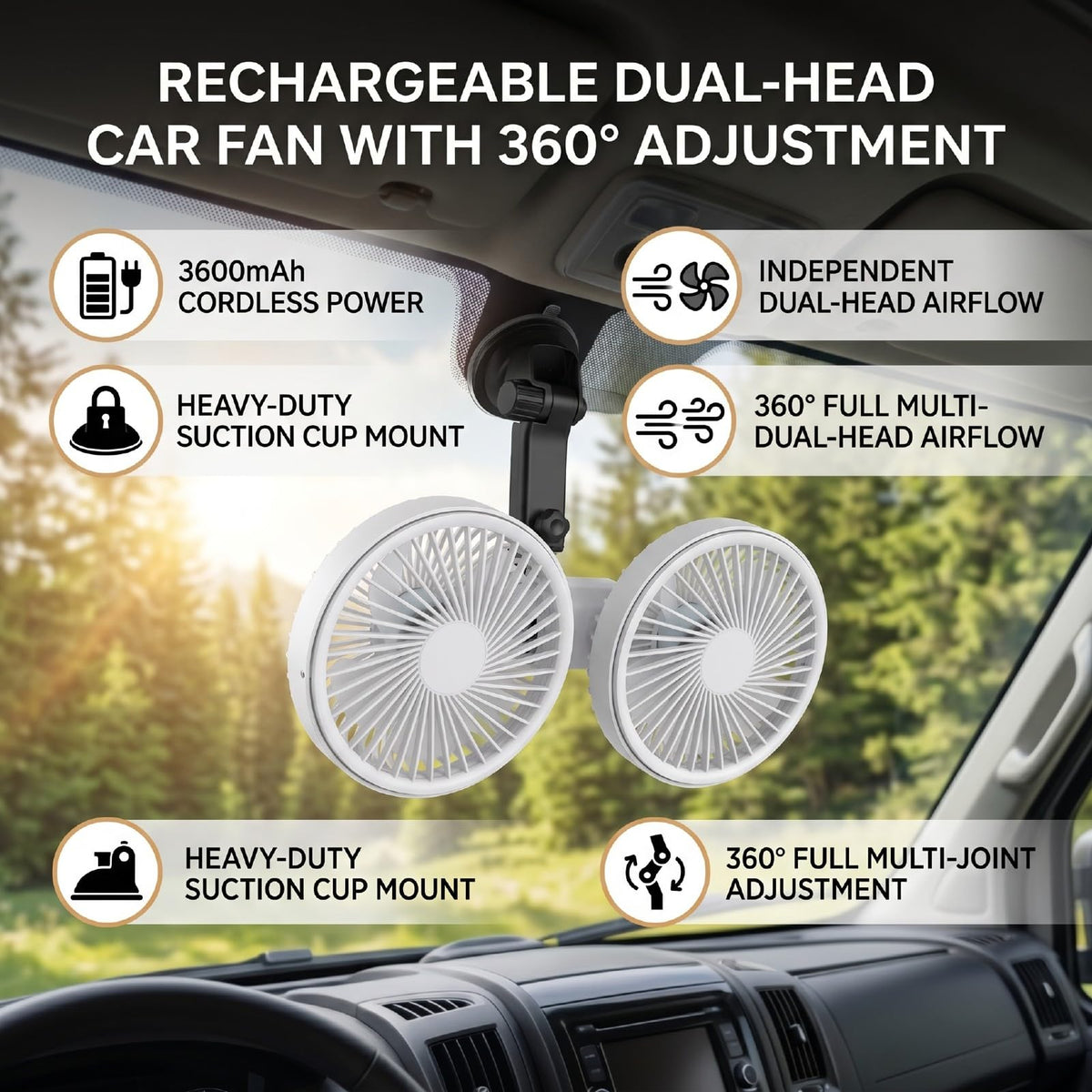 Dual Head Car Fan 3 Speeds 360 Degree Adjustable Suction Cup Rechargeable White J159