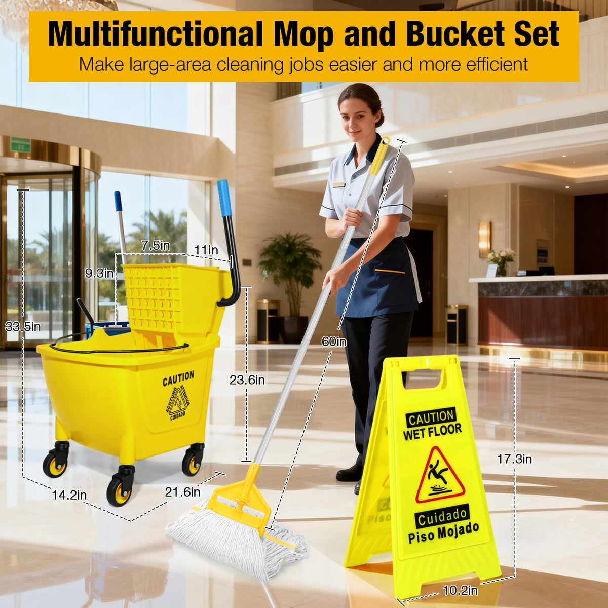 Yellow 35Qt Mop Bucket with Side Press Wringer on Wheels Z5859