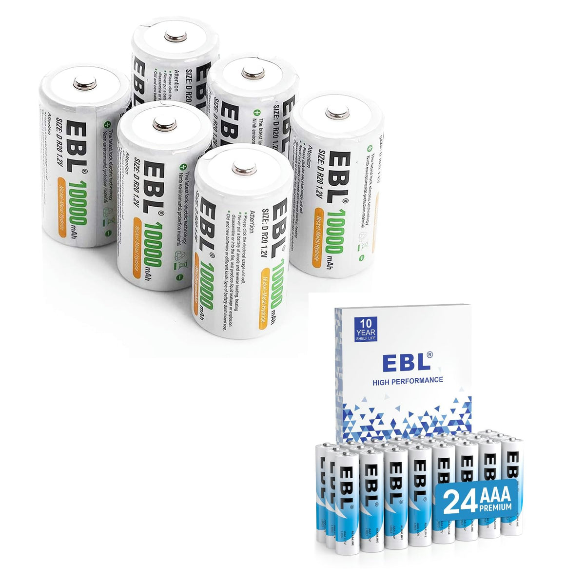 D Size Rechargeable Batteries 6 Pack, AAA Batteries 24 Pack J4042