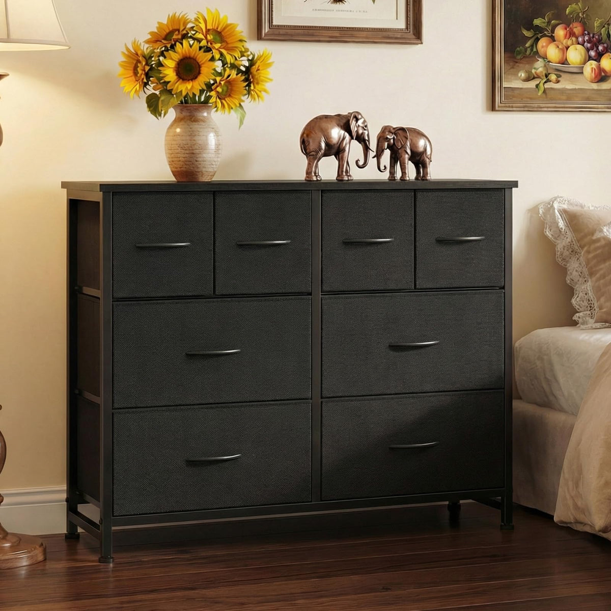 Black 8 Fabric Drawer Dresser with Wood Top D27096