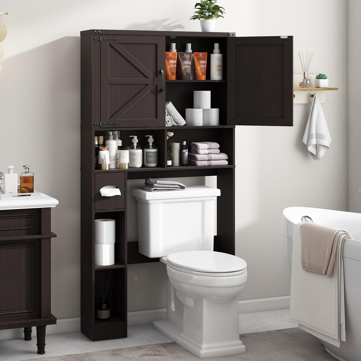 Over The Toilet Storage Cabinet with 2 Barn Doors, Walnut Z3299
