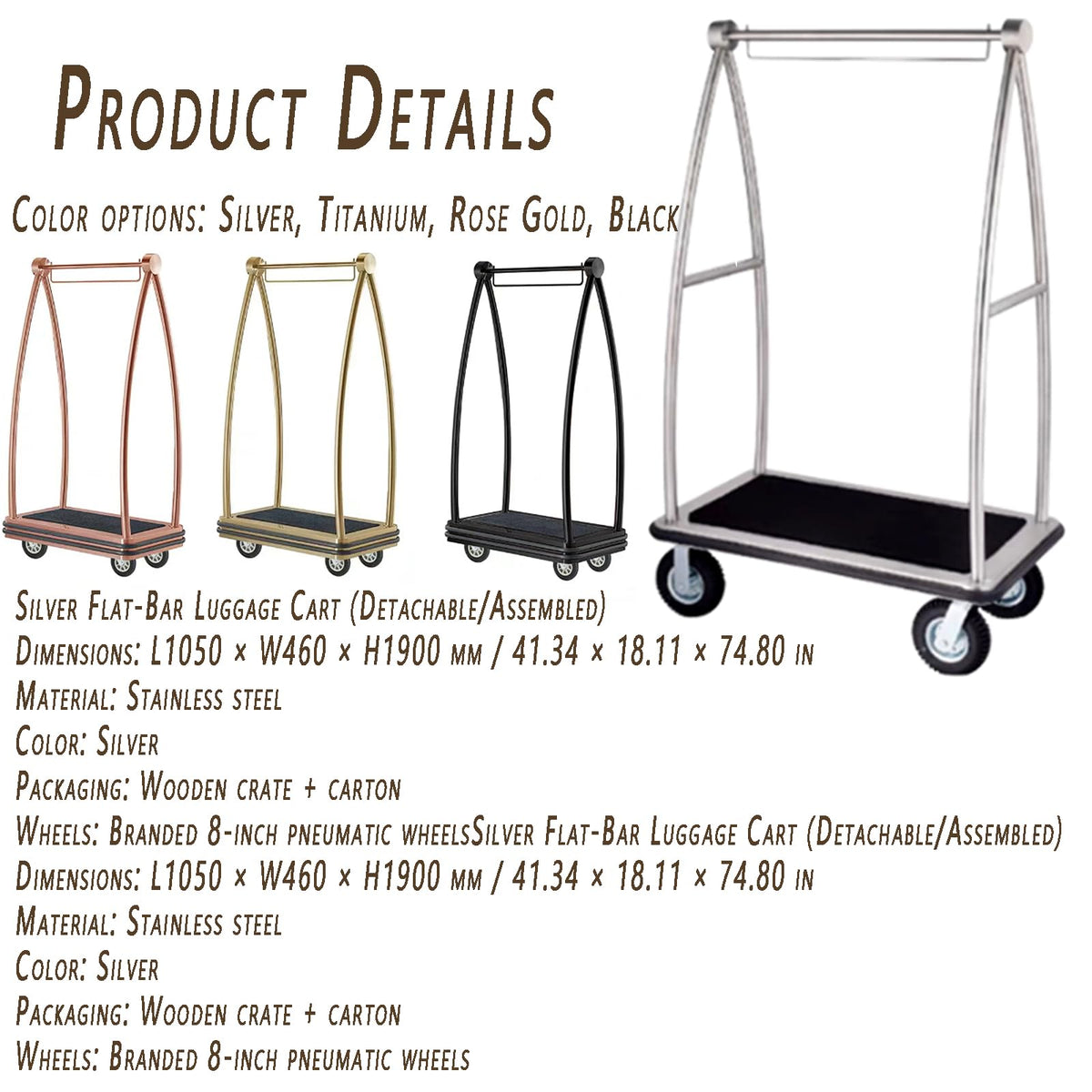 Stainless Steel Baggage Trolley with Wheels E9175