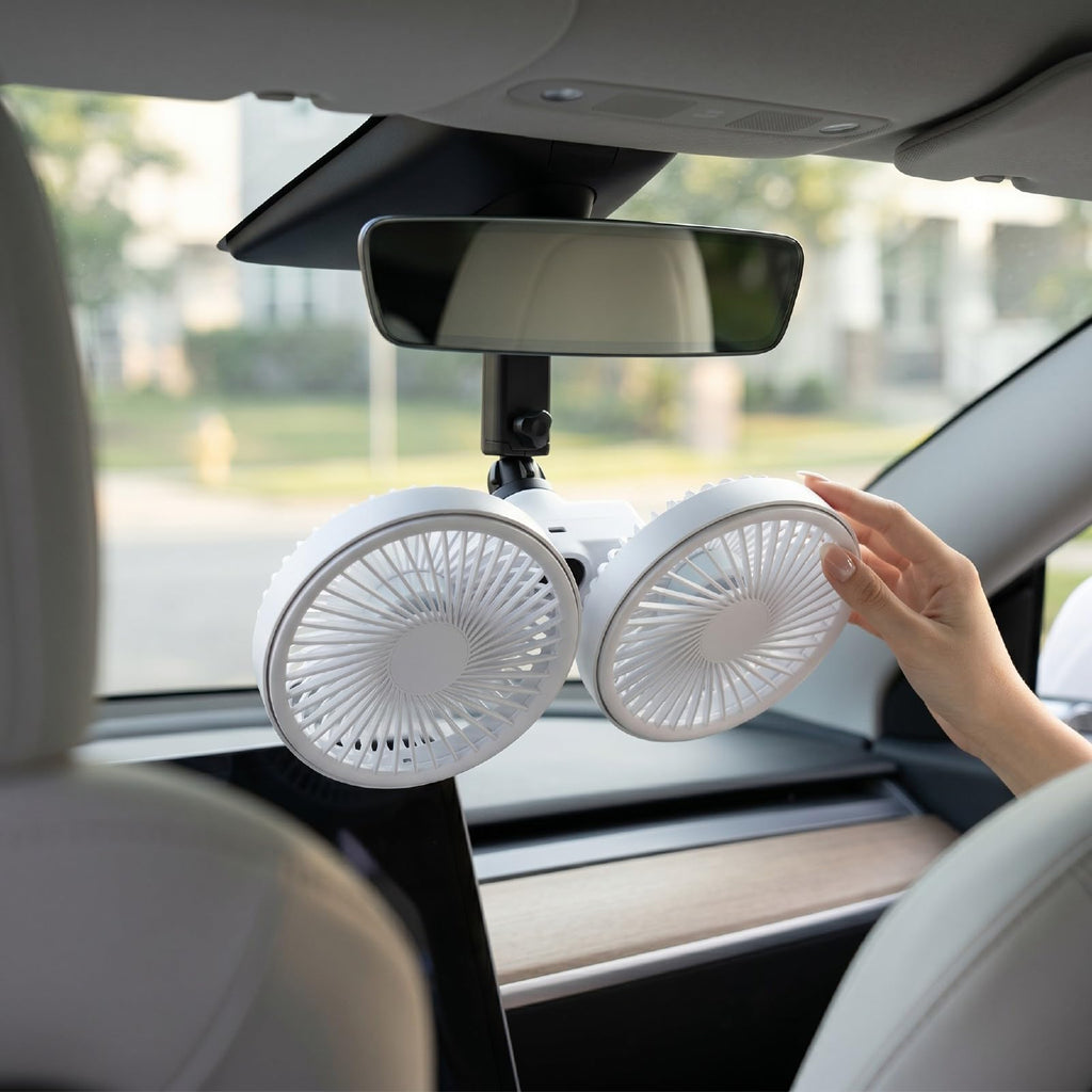 Dual Head Car Fan 3 Speeds 360 Degree Adjustable Suction Cup Rechargeable White J159