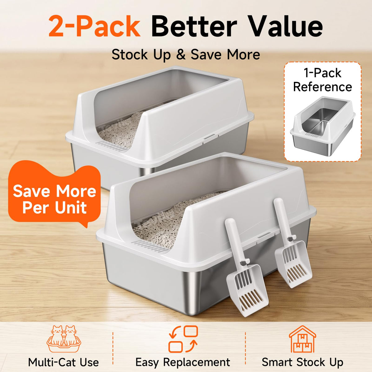 2 Pack XL Stainless Steel Litter Box with High Sides A917346