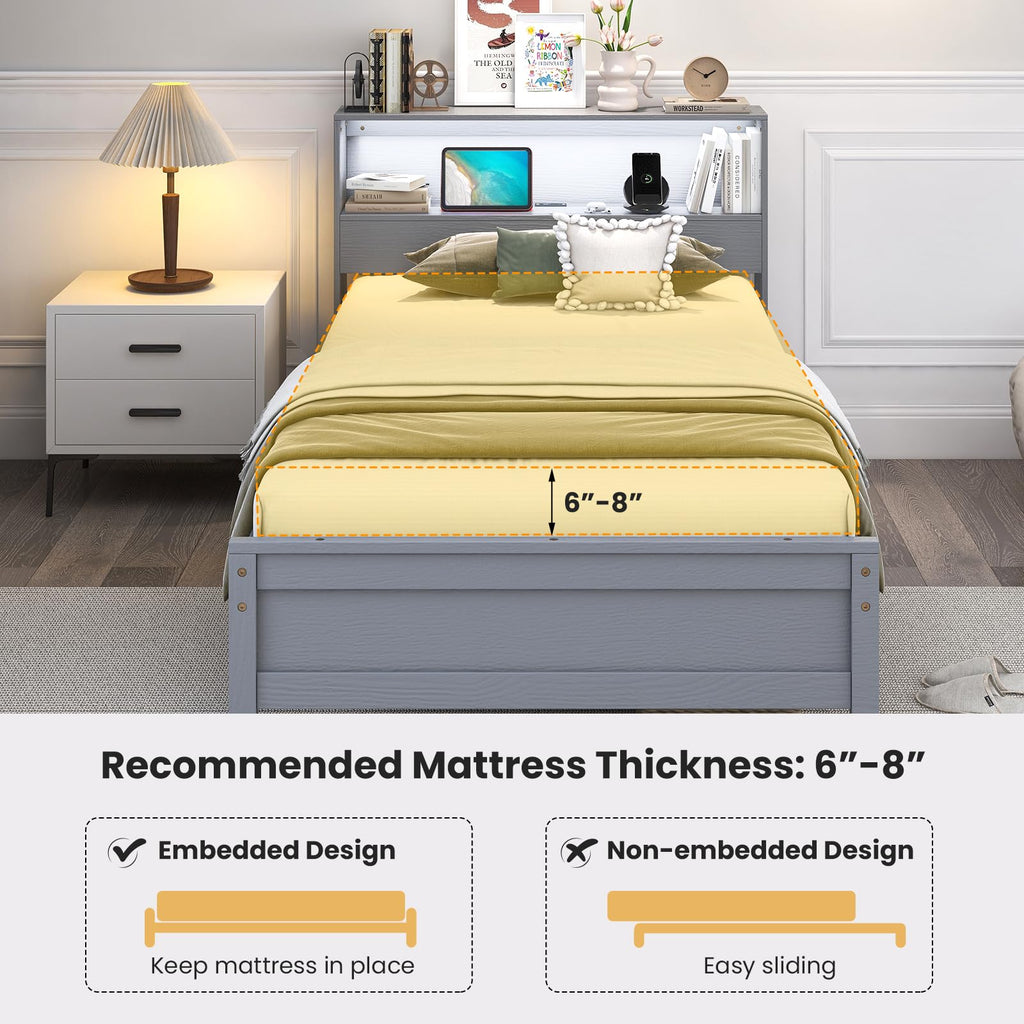Twin Wood Platform Bed with Storage Headboard and Charging Station X10707