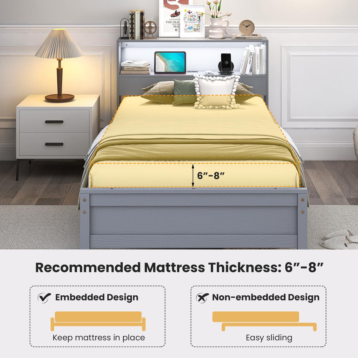 Twin Wood Platform Bed with Storage Headboard and Charging Station X10707