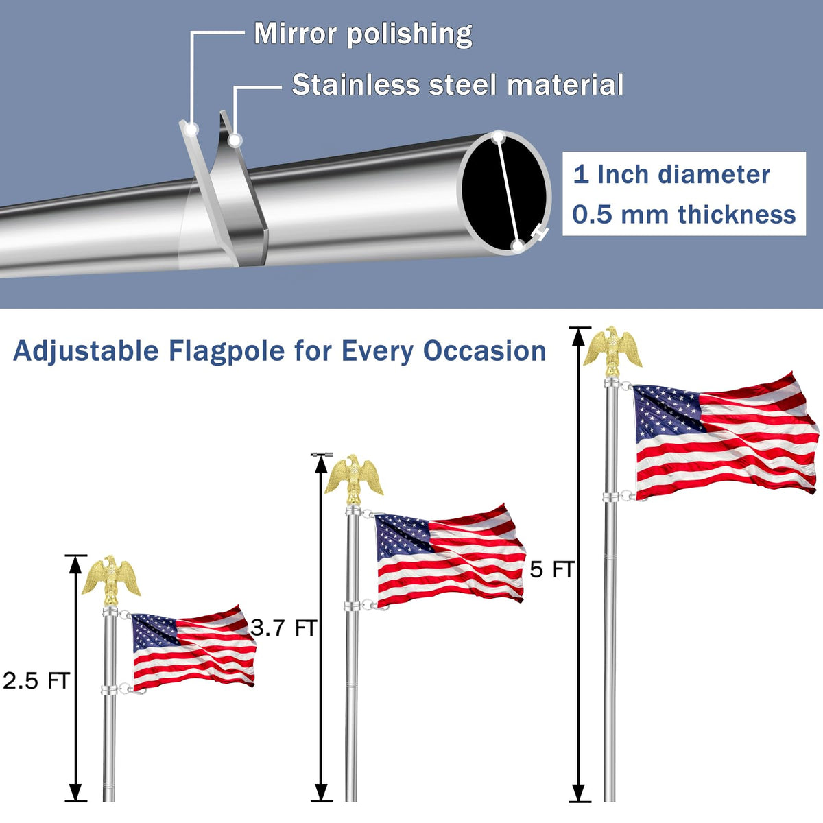 5 FT Stainless Steel Flag Pole with Eagle Topper U4773