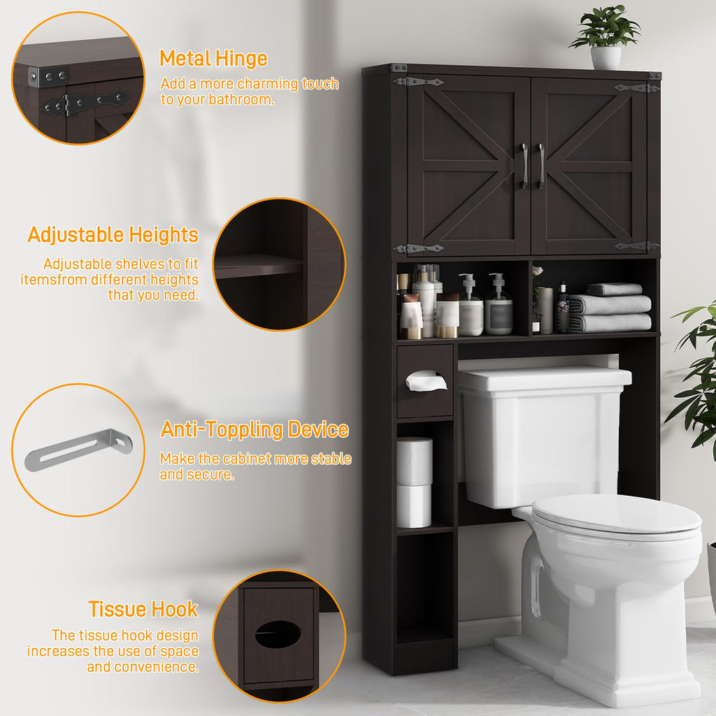 Over The Toilet Storage Cabinet with 2 Barn Doors, Walnut Z3299