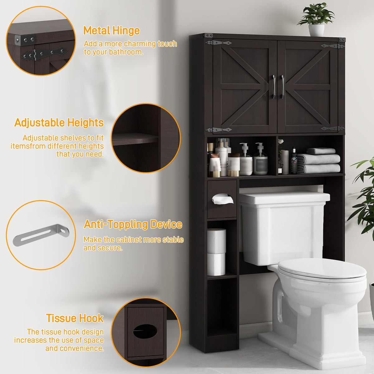 Over The Toilet Storage Cabinet with 2 Barn Doors, Walnut Z3299