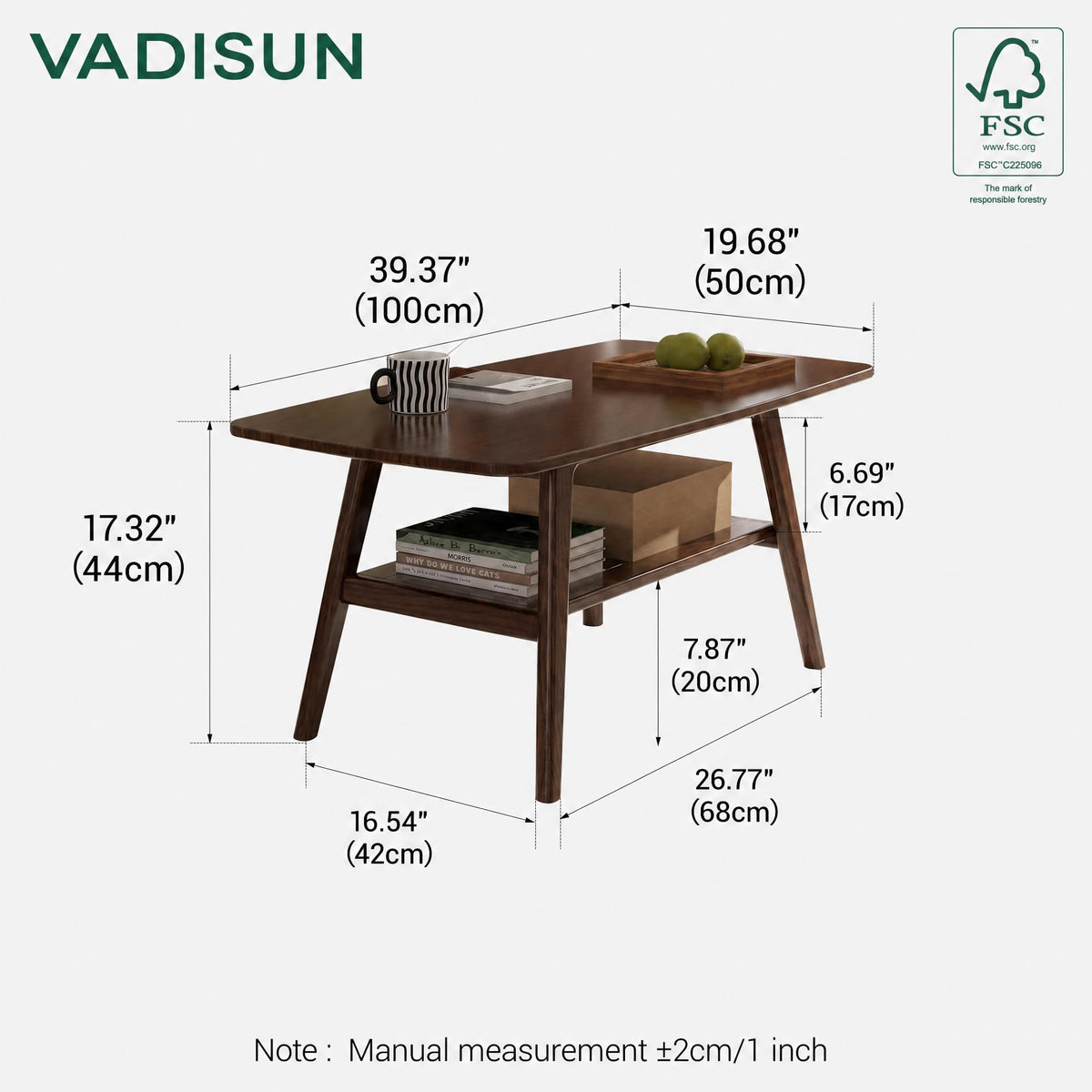 Solid Wood 2-Tier Coffee Table with Shelf Storage T870