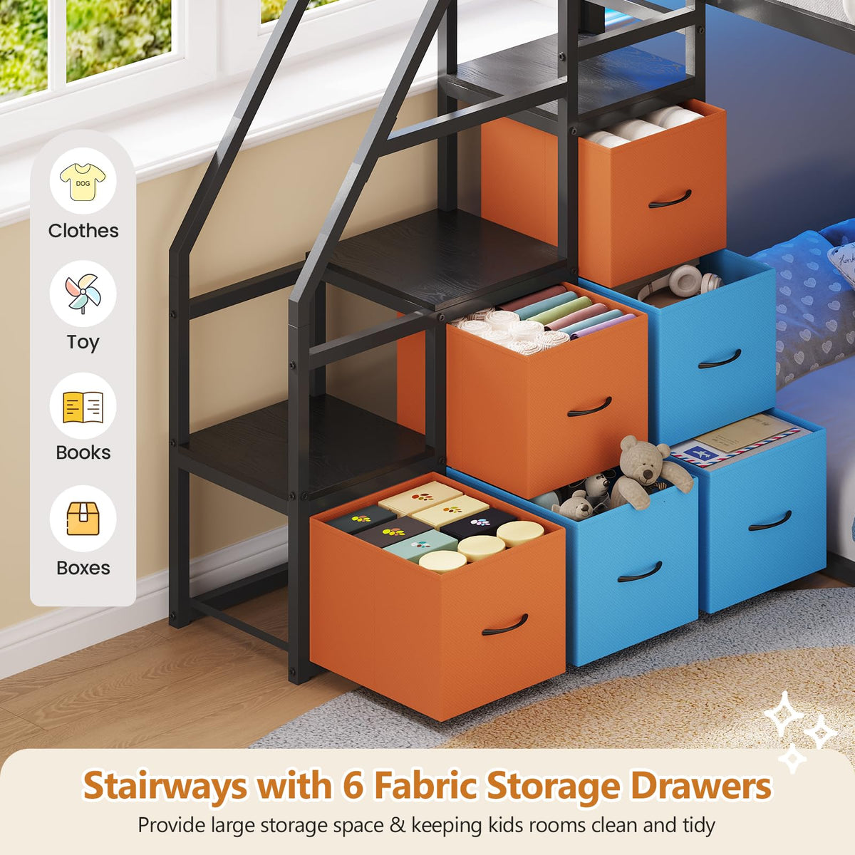 Twin Over Twin Bunk Bed with Stairs and 6 Storage Drawers J622619