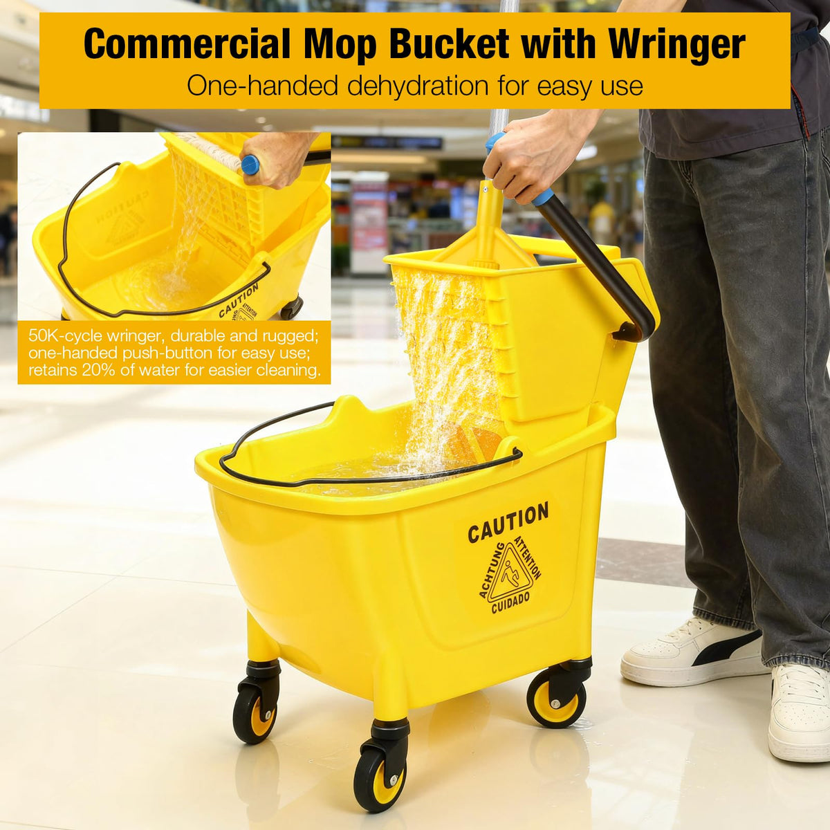 Yellow 35Qt Mop Bucket with Side Press Wringer on Wheels Z5859