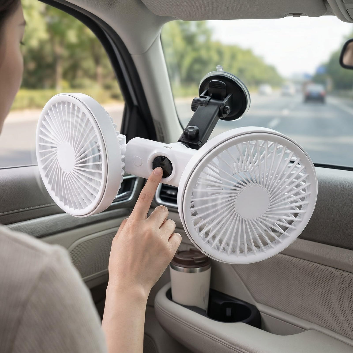 Dual Head Car Fan 3 Speeds 360 Degree Adjustable Suction Cup Rechargeable White J159