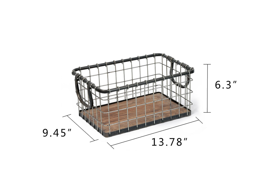 13.8" Wide Rectangular Metal Wire Basket with Wooden Bottom O274