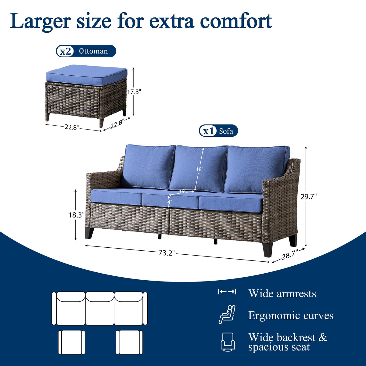 3 Pieces All Weather Wicker Patio Sofa Set with 2 Footstools C23547