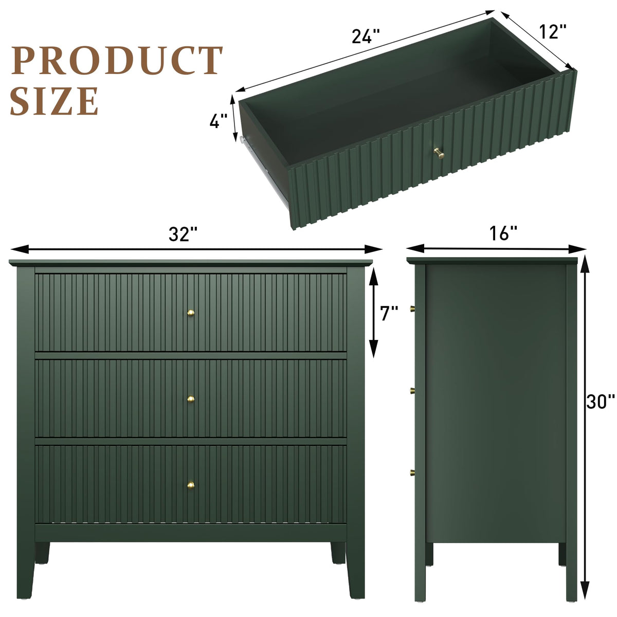 32" Dark Green 3 Drawer Nightstand Set of 2 V45677