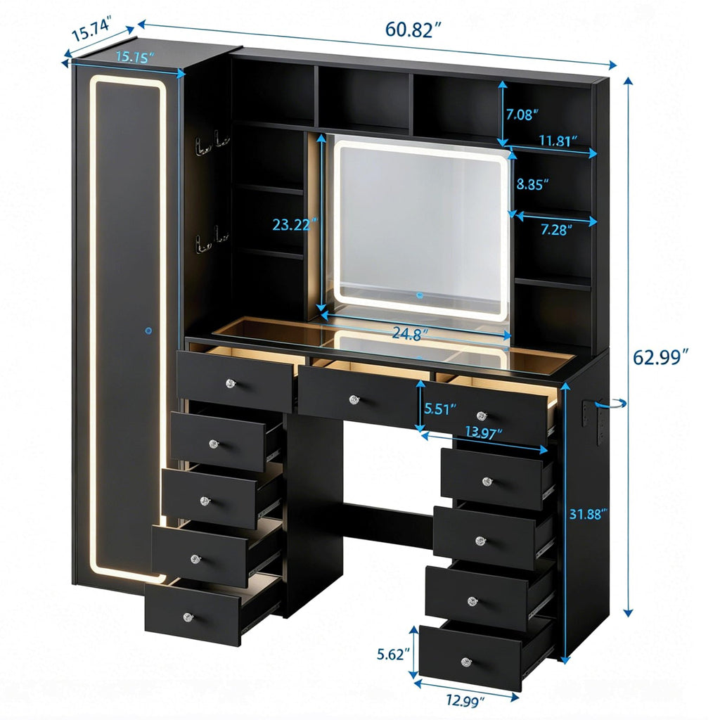 Full Length Mirror Vanity Desk with LED Mirror and 11 Drawers I4078