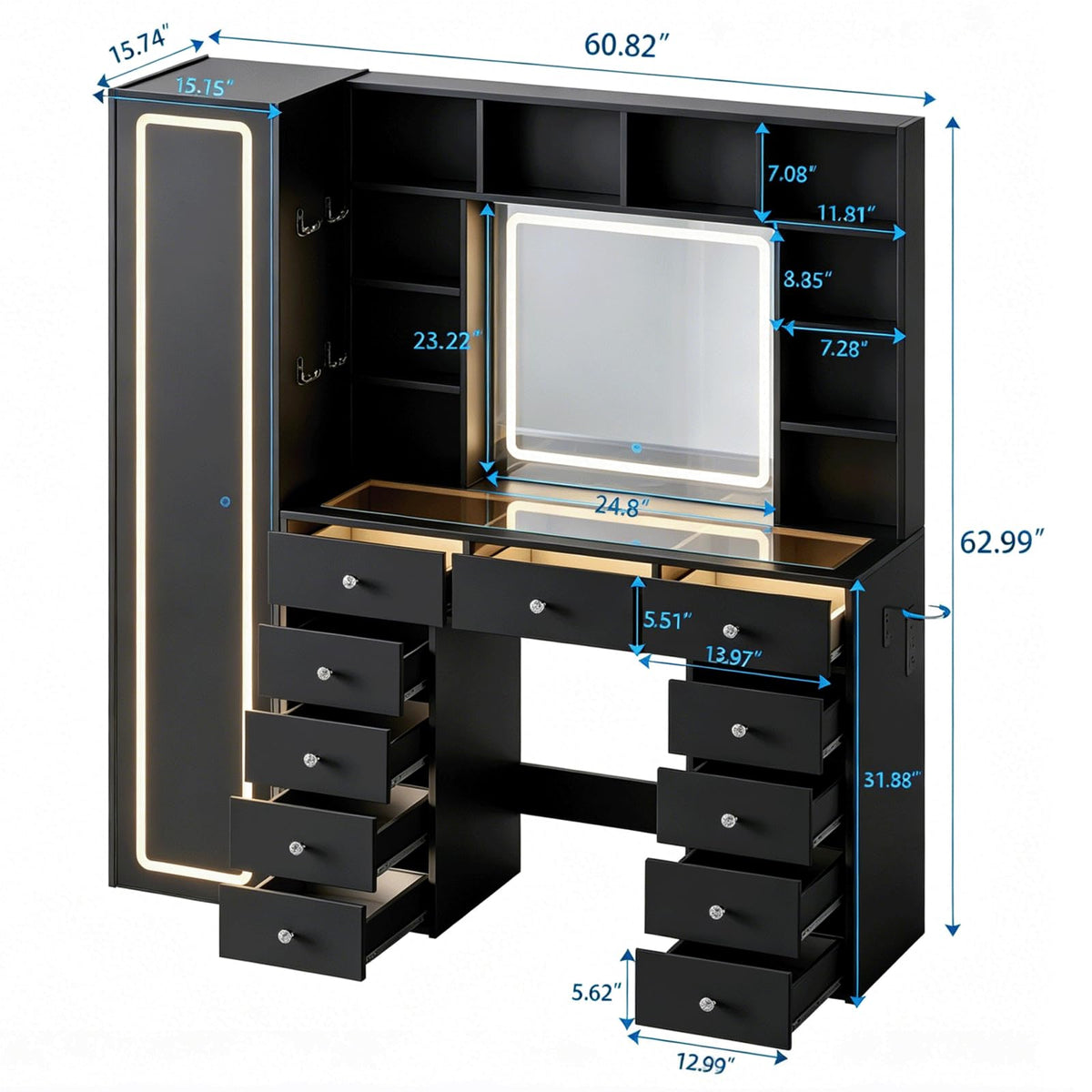 Full Length Mirror Vanity Desk with LED Mirror and 11 Drawers I4078