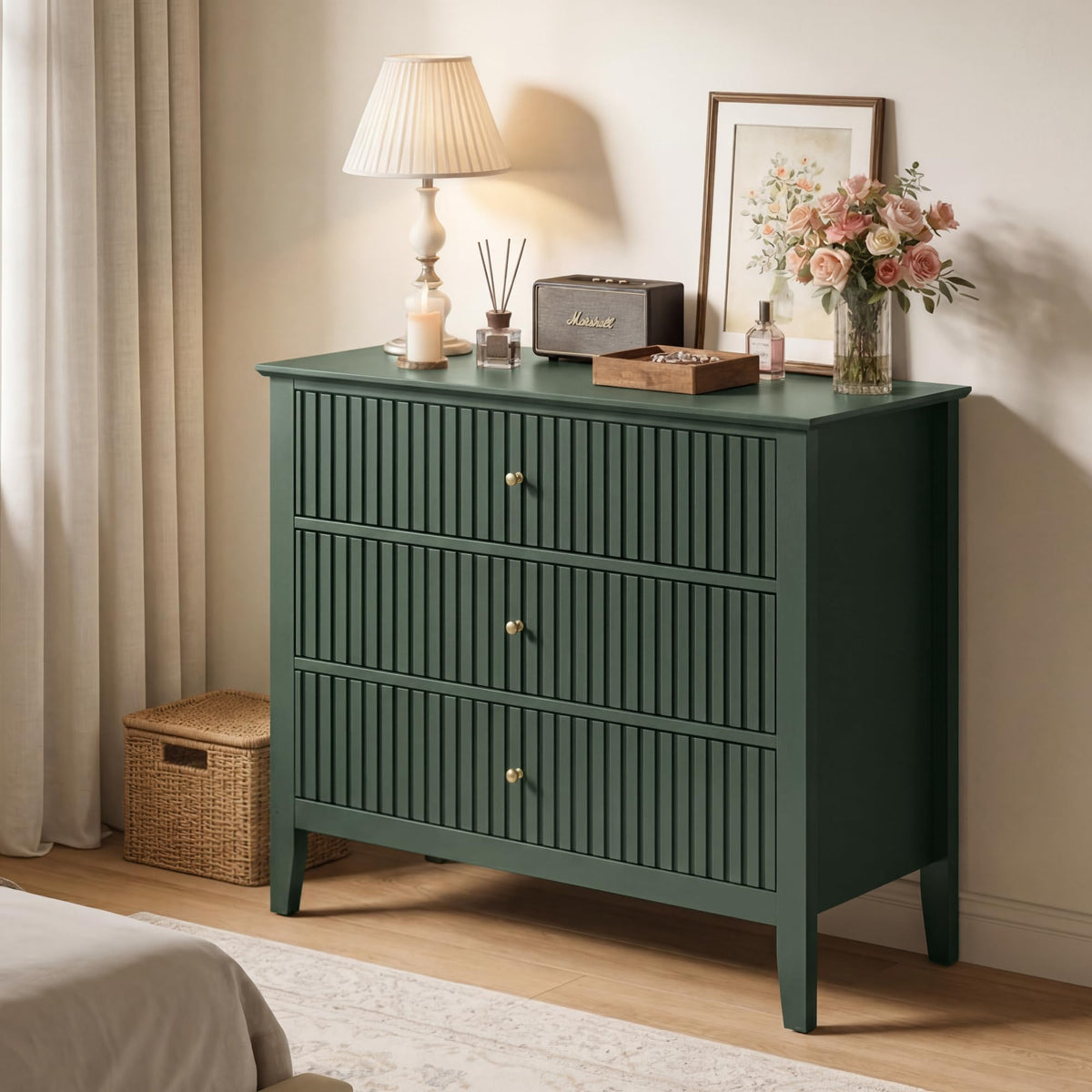 32" Dark Green 3 Drawer Nightstand Set of 2 V45677