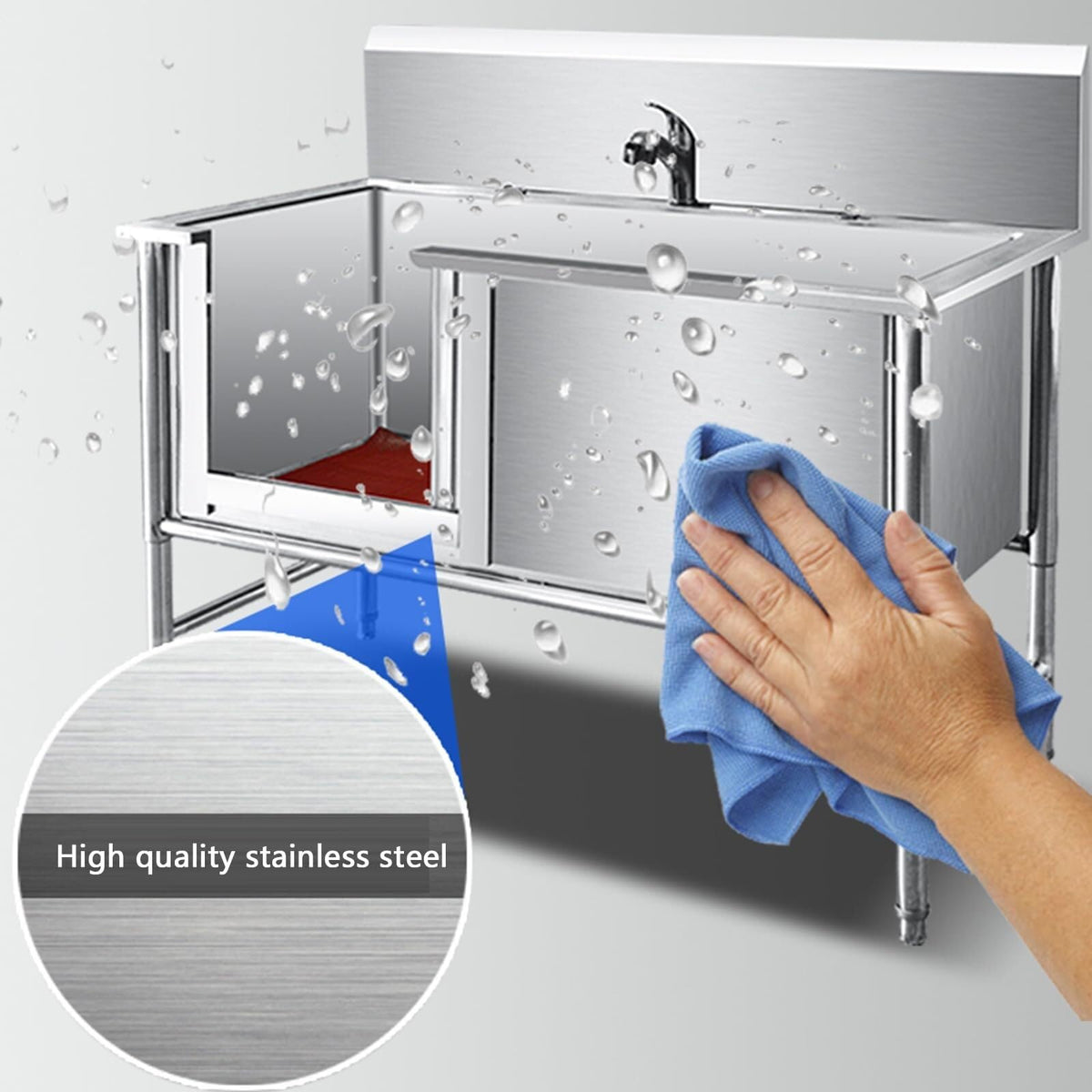 Stainless Steel Dog Washing Station Tub with Sliding Door and Telescopic Faucet B134978
