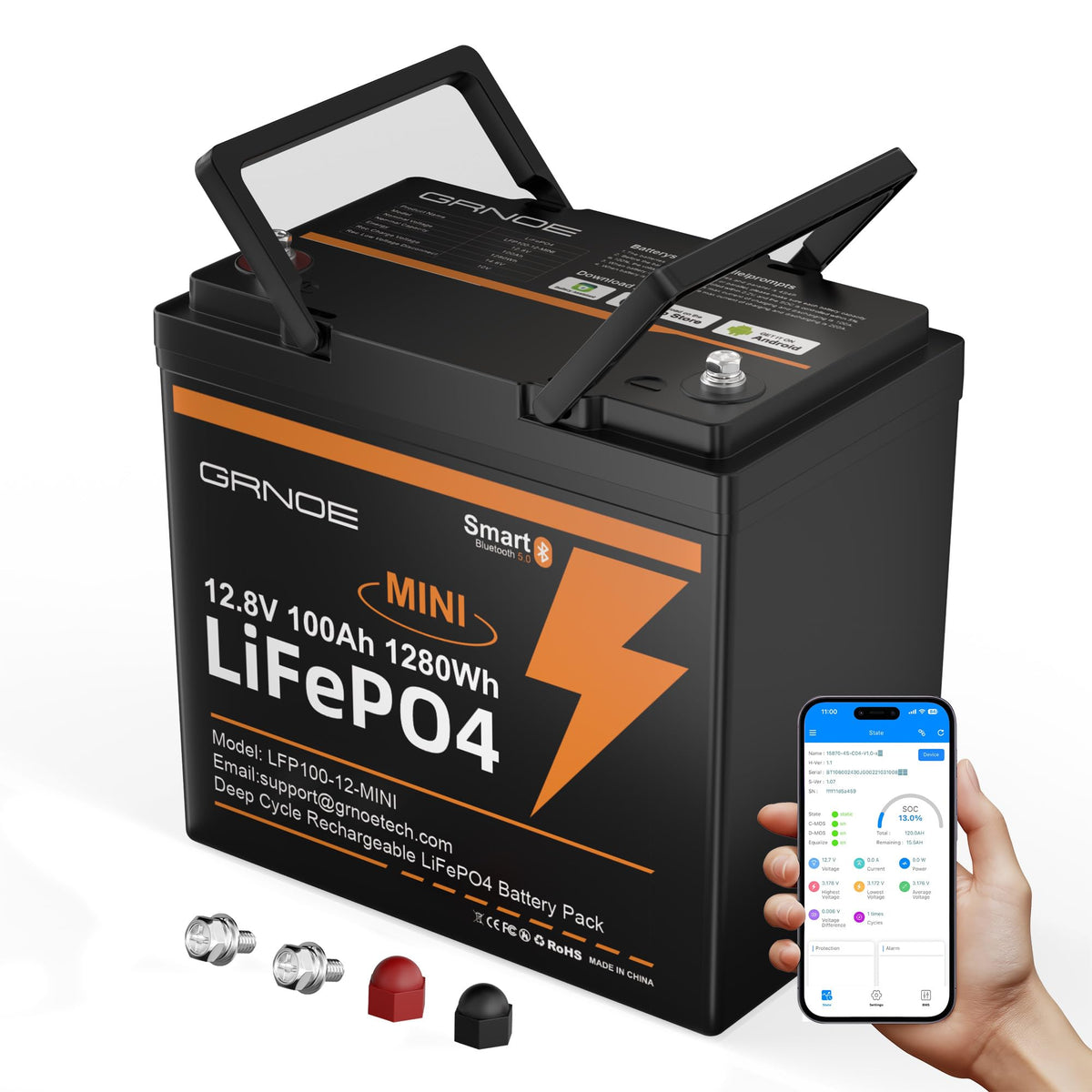 12V 100Ah Mini LiFePO4 Lithium Battery with Bluetooth, Smart BMS C28772
