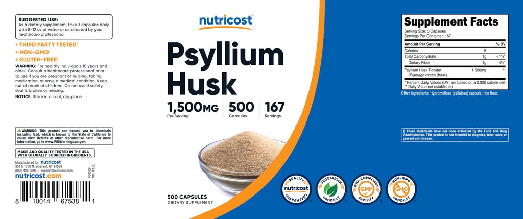 Psyllium Husk 1500mg 500 Capsules Gluten Free F242