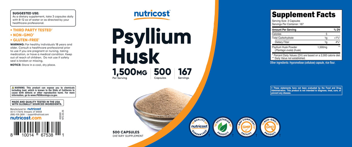 Psyllium Husk 1500mg 500 Capsules Gluten Free F242