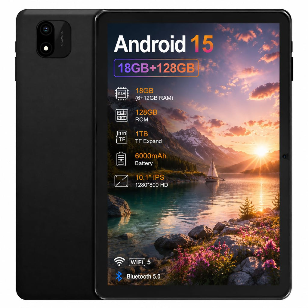 Android 15 Tablet, 10.1 Inch 18GB RAM 128GB ROM, 1TB Expandable, 1280 * 800 HD Display, 5G WiFi, BT5, 6000mAh Battery, GMS R161