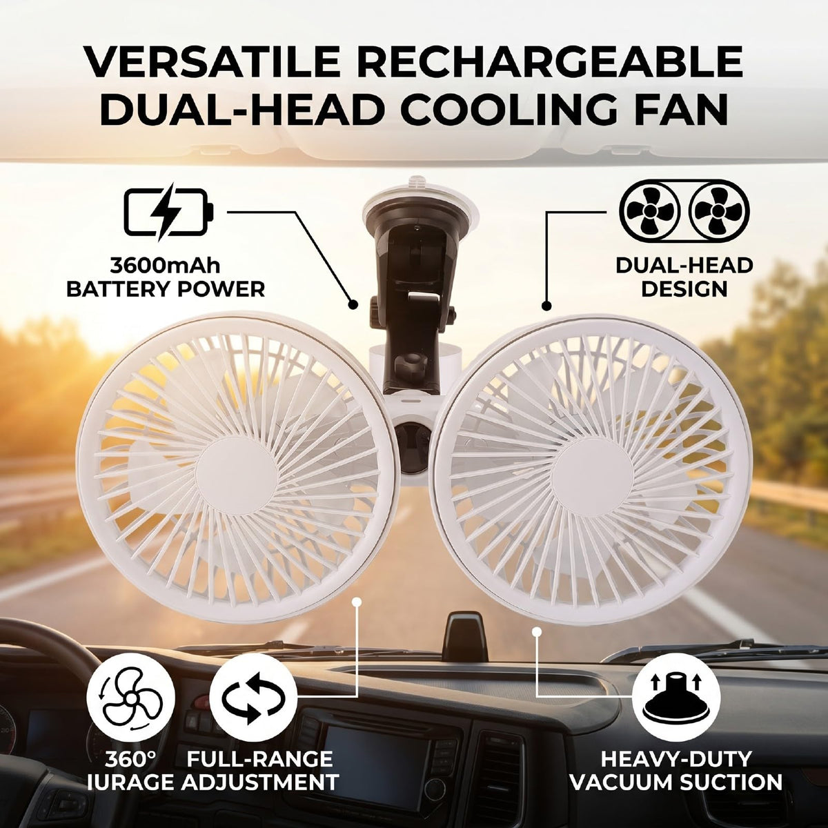 Dual Head Car Fan 3 Speeds 360 Degree Adjustable Suction Cup Rechargeable White J159