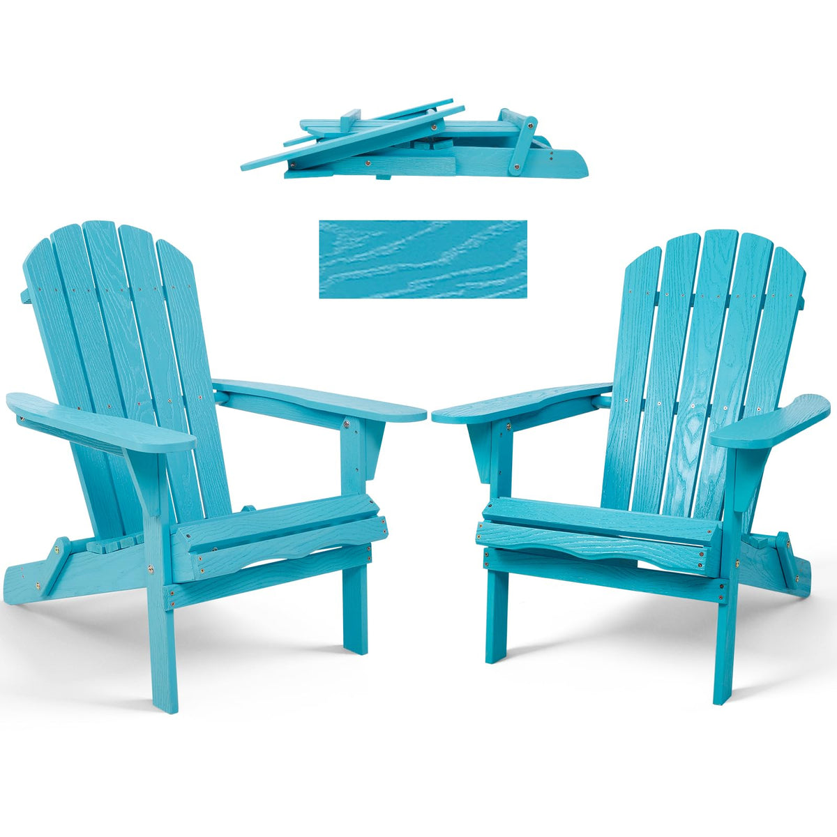 Folding Adirondack Chairs Set of 2 Solid Wood Turquoise Blue W387358