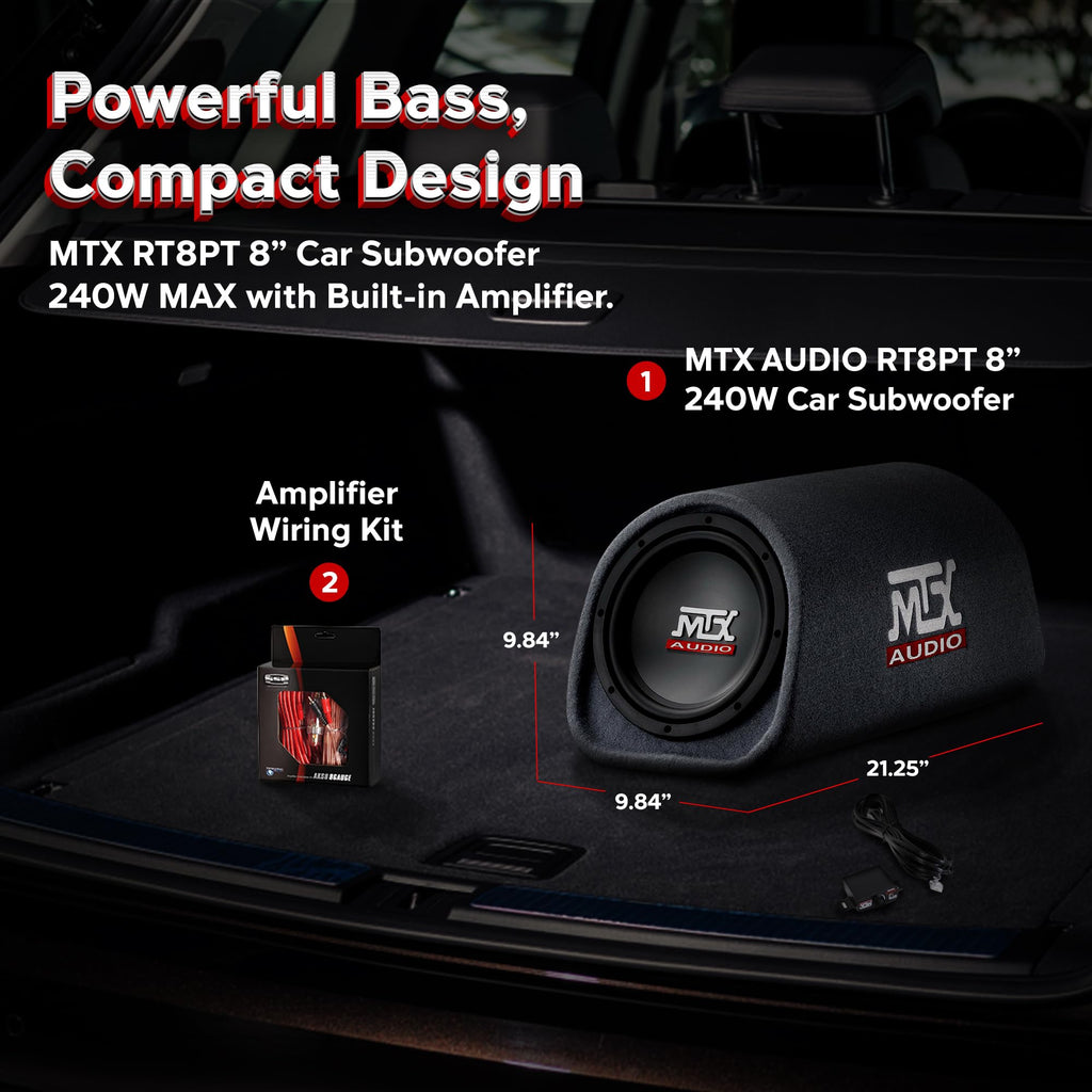 8" Amplified Vented Tube Box Subwoofer & Wiring Kit T83310