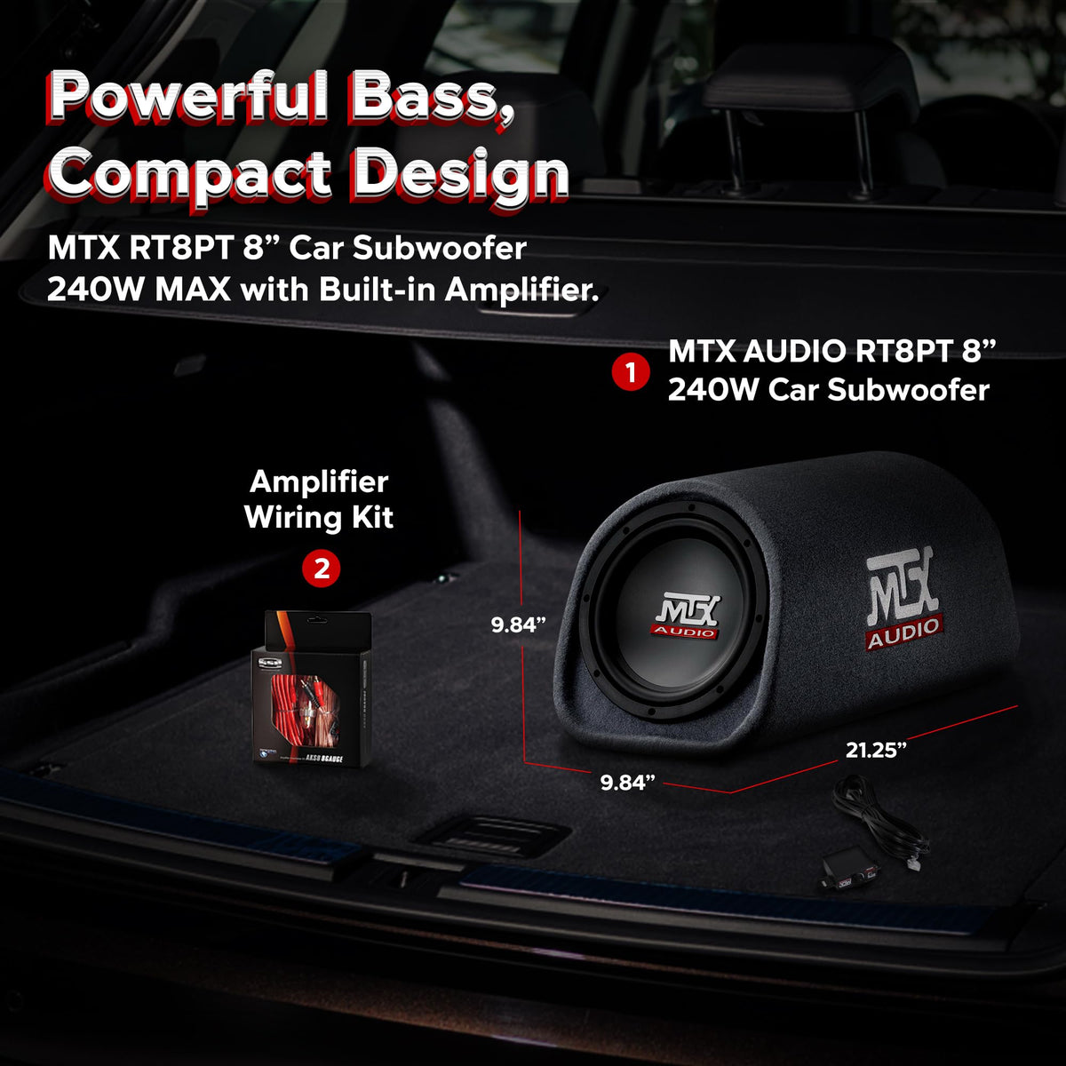 8" Amplified Vented Tube Box Subwoofer & Wiring Kit T83310