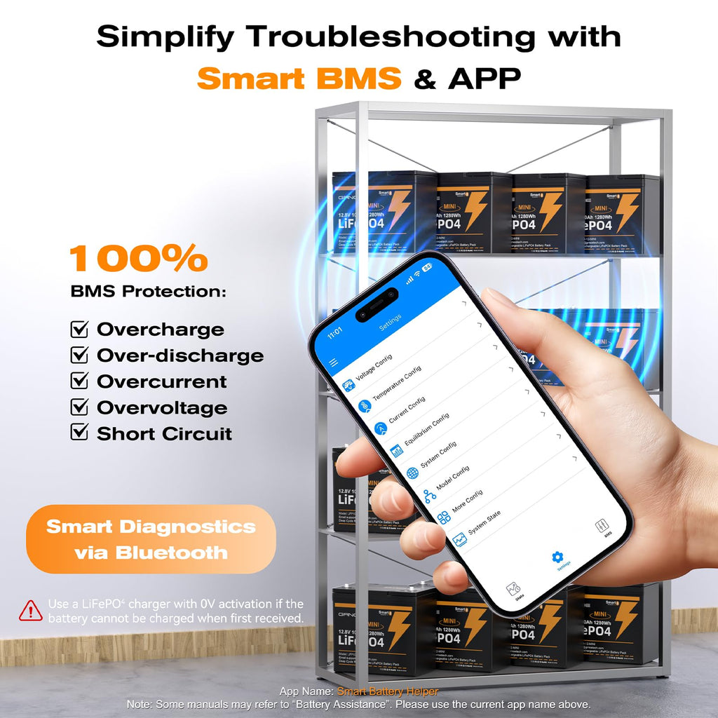 12V 100Ah Mini LiFePO4 Lithium Battery with Bluetooth, Smart BMS C28772