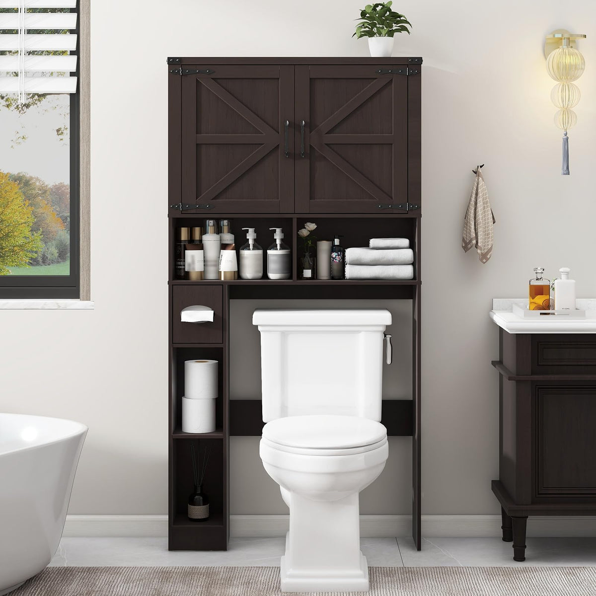 Over The Toilet Storage Cabinet with 2 Barn Doors, Walnut Z3299